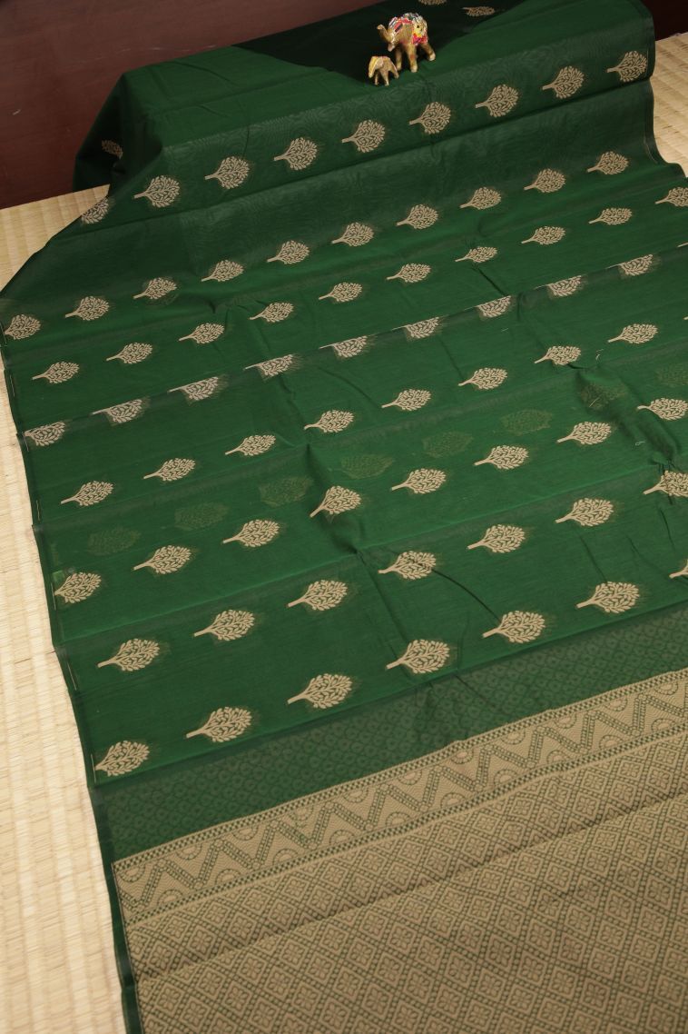 Bottle Green Silk Cotton with Without Zari Zari Buttis (small Dots Or Motifs) view 2