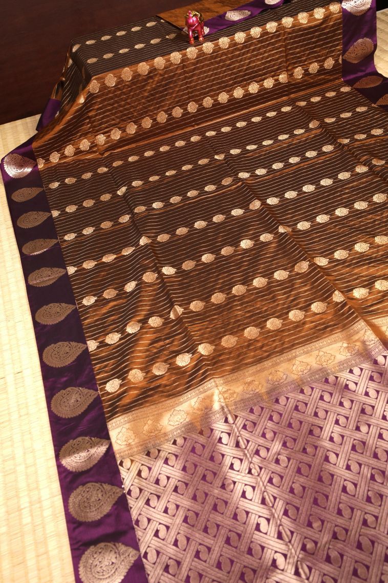 Tawny Brown Soft Silk Saree with Copper Zari Stripes view 2