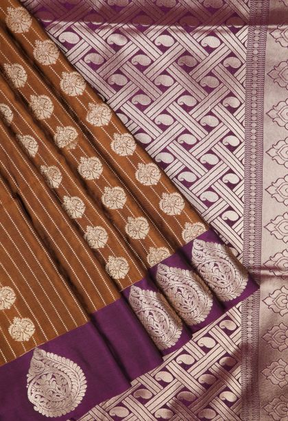 Tawny Brown Soft Silk Saree with Copper Zari Stripes