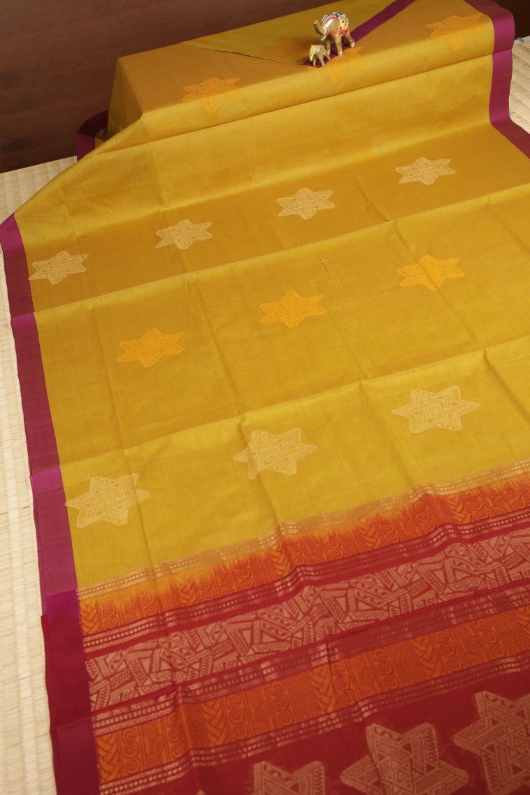 Gold Pure Handloom Kovai Cotton with Without Zari Zari Buttis (small Dots Or Motifs) view 2