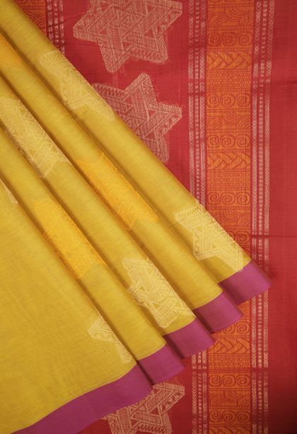 Gold Pure Handloom Kovai Cotton with Without Zari Zari Buttis (small Dots Or Motifs)