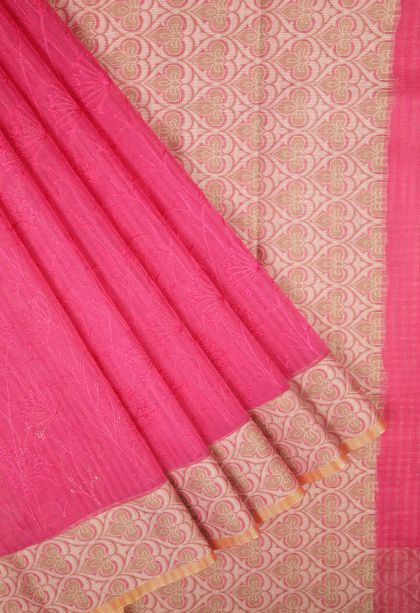 Hot Pink Tussar Saree with Without Zari Zari Floral Patterns