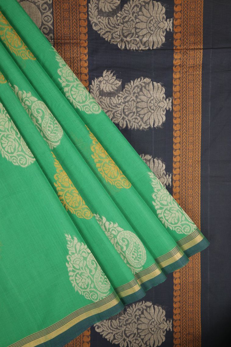 Mint Green Pure Handloom Kovai Cotton with Without Zari Zari Buttis (small Dots Or Motifs) view 1