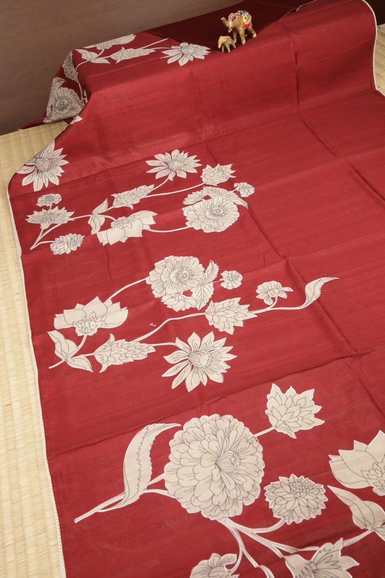 Apple Red Tussar Saree with Without Zari Zari Floral Patterns view 2