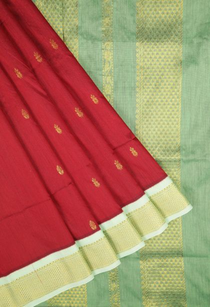 Apple Red Kalyani Cotton with Without Zari Zari Buttis (small Dots Or Motifs)