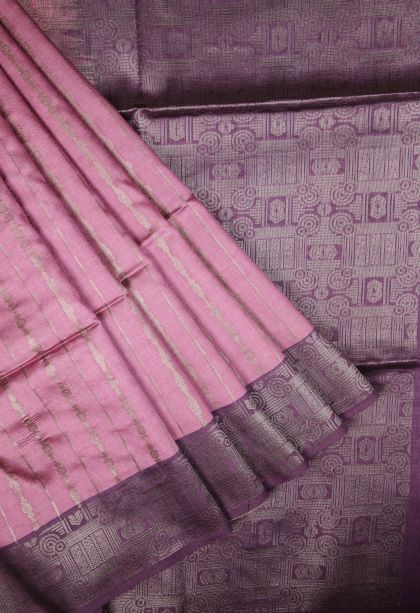 Ballet Pink Tussar Saree with Bronze Zari Stripes