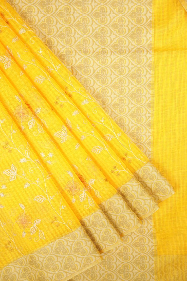 Lemon Yellow Tussar Saree with Without Zari Zari Floral Patterns view 1