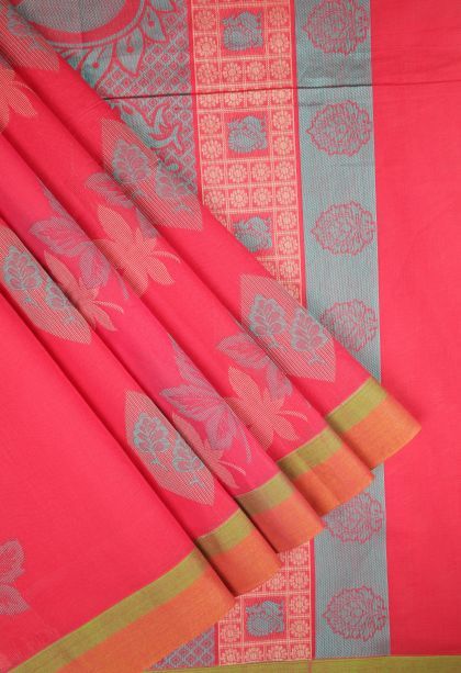 Rose  Red Kovai Cotton Sarees with Without Zari Zari Buttis (small Dots Or Motifs)