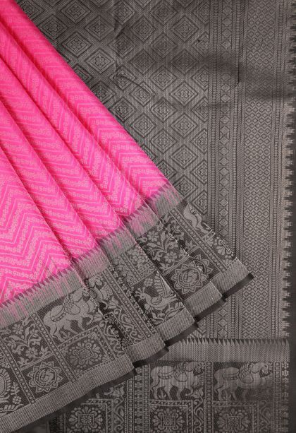 Bubblegum Pink Soft Silk Saree with Silver Zari Stripes