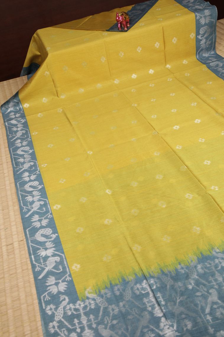 Lemon Yellow Tussar Saree with Silver Zari Buttis (small Dots Or Motifs) view 2