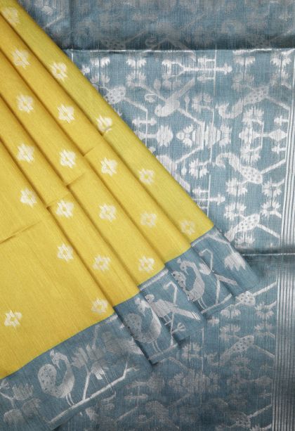 Lemon Yellow Tussar Saree with Silver Zari Buttis (small Dots Or Motifs)
