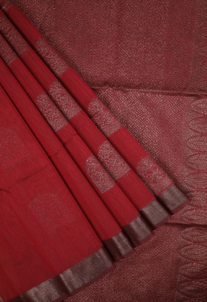 Apple Red Silk Cotton Sarees with Bronze Zari Buttis (small Dots Or Motifs)