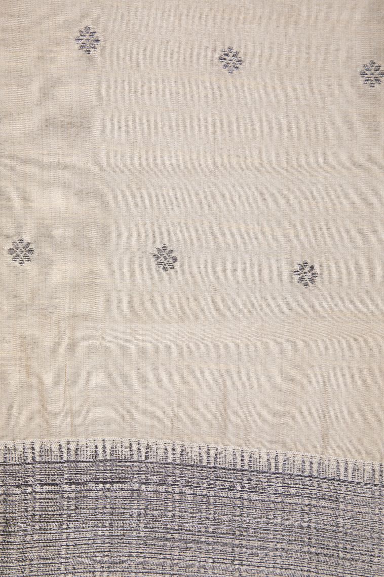 Cream White Tussar Saree with Bronze Zari Buttis (small Dots Or Motifs) view 3