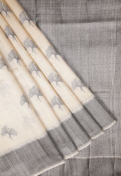 Cream White Tussar Saree with Bronze Zari Buttis (small Dots Or Motifs)