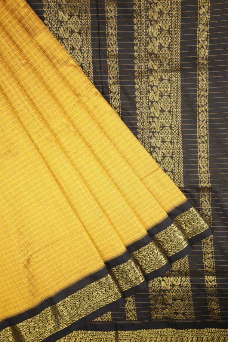 Lemon Yellow Kalyani Cotton with Without Zari Zari Checks view 1