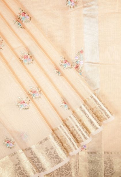 Salmon Pink Tussar Saree with Without Zari Zari Buttis (small Dots Or Motifs)