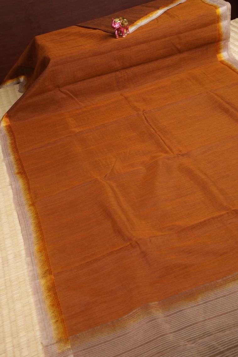 Bronze Orange Tussar Saree with Without Zari Zari Plain view 2