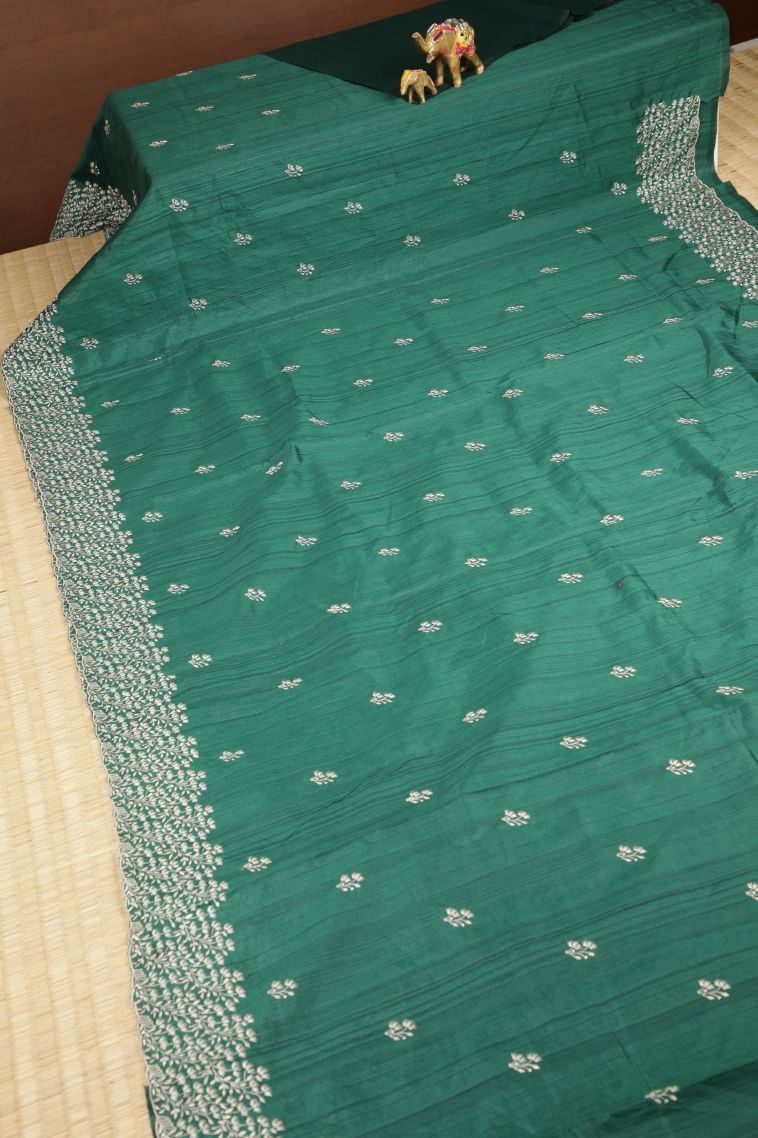 Pine Green Tussar Saree with Without Zari Zari Buttis (small Dots Or Motifs) view 2
