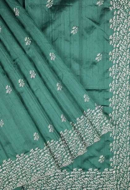 Pine Green Tussar Saree with Without Zari Zari Buttis (small Dots Or Motifs)