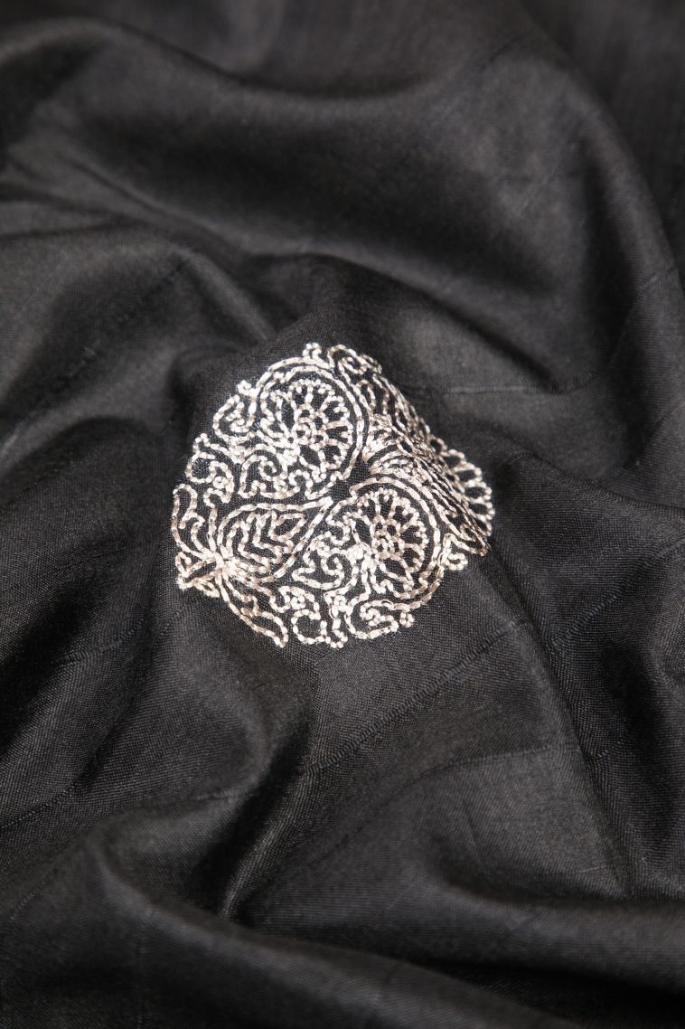 Asphalt Black Tussar Saree with Without Zari Zari Buttis (small Dots Or Motifs) view 4