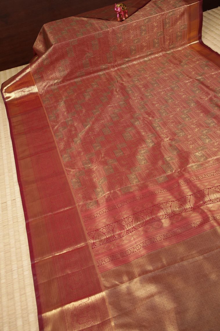 Berry Red Samudrika Pattu with Copper Zari Floral Patterns view 2