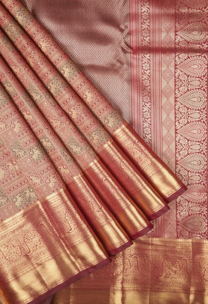 Berry Red Samudrika Pattu with Copper Zari Floral Patterns