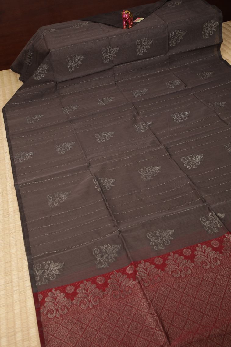 Damp Black Silk Cotton Sarees with Bronze Zari Stripes view 2