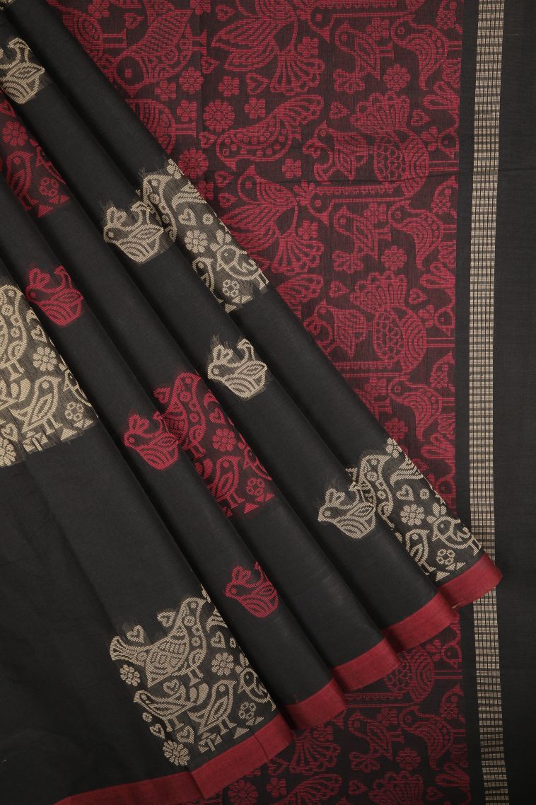 Asphalt Black Poly Cotton Sarees with Without Zari Zari Buttis (small Dots Or Motifs) view 1