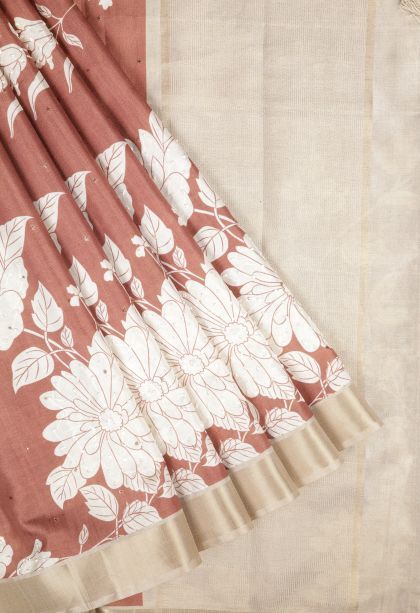 Bronze Orange Tussar Saree with Without Zari Zari Floral Patterns
