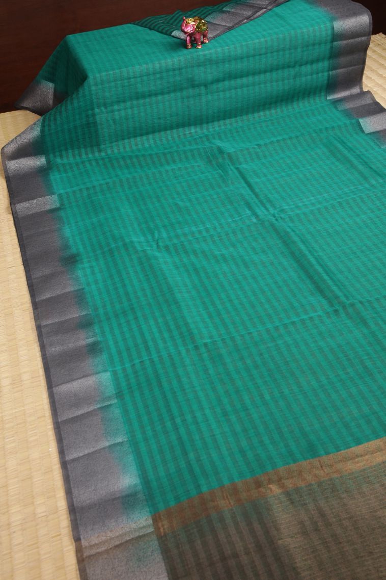 Pickle Green Tussar Saree with Without Zari Zari Stripes view 2