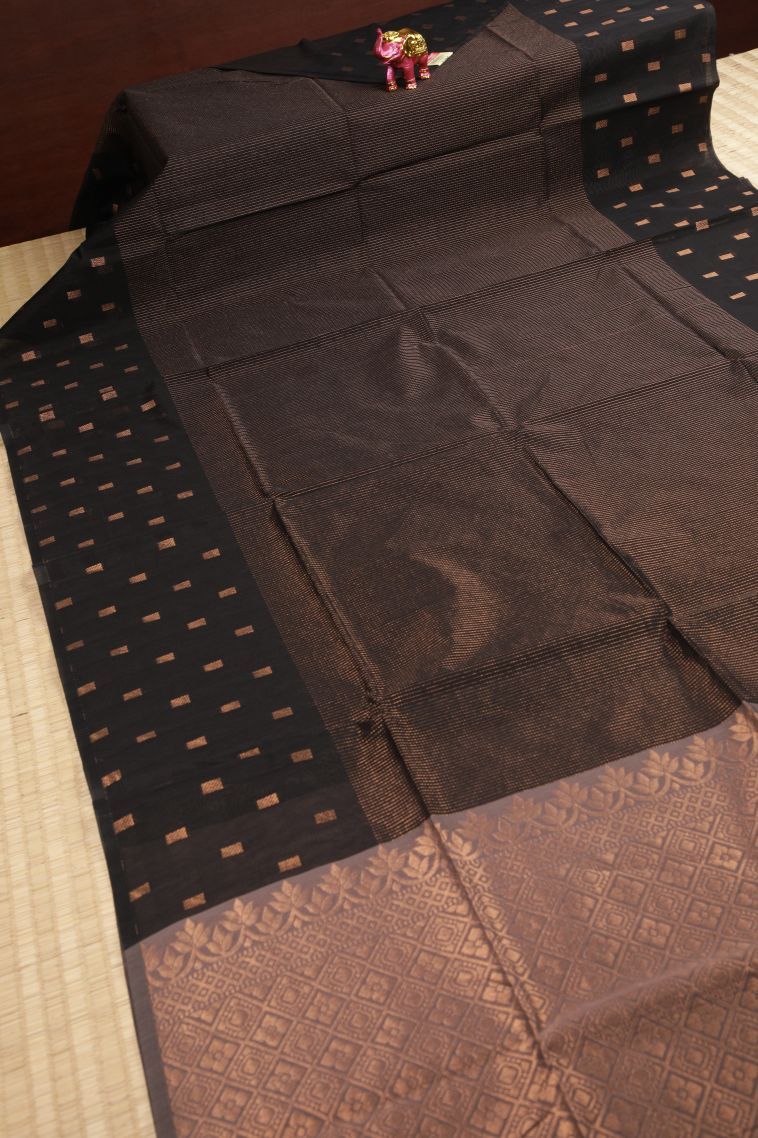 Asphalt Black Silk Cotton Sarees with Copper Zari Stripes view 2