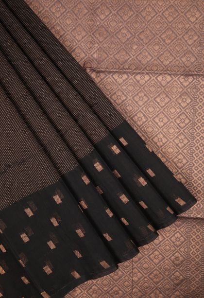 Asphalt Black Silk Cotton Sarees with Copper Zari Stripes