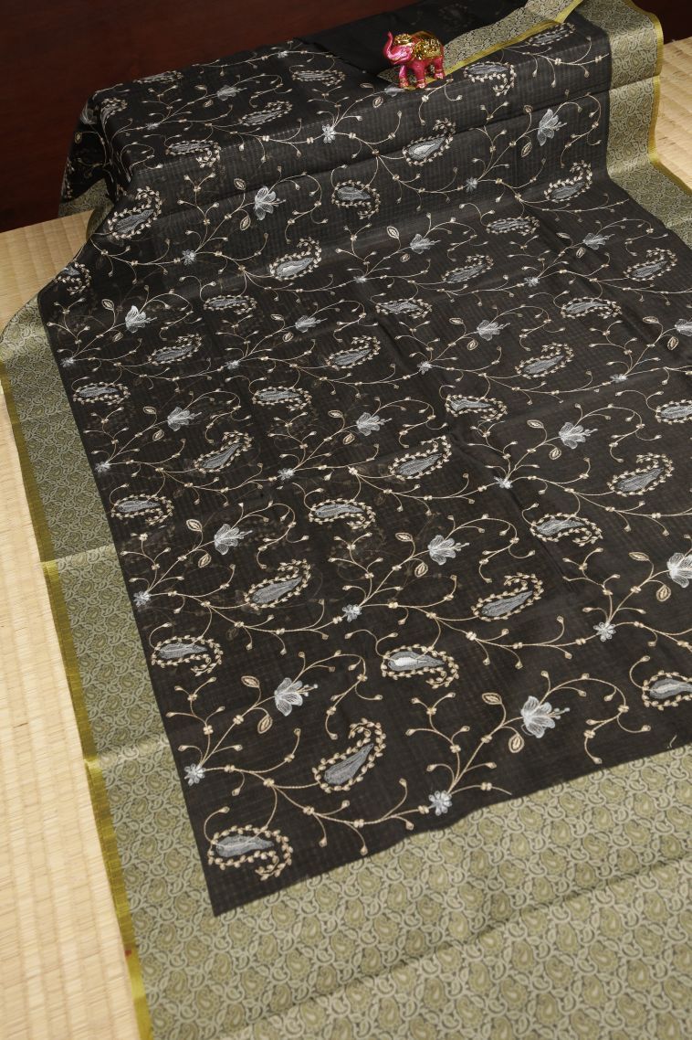 Asphalt Black Tussar Saree with Without Zari Zari Floral Patterns view 2