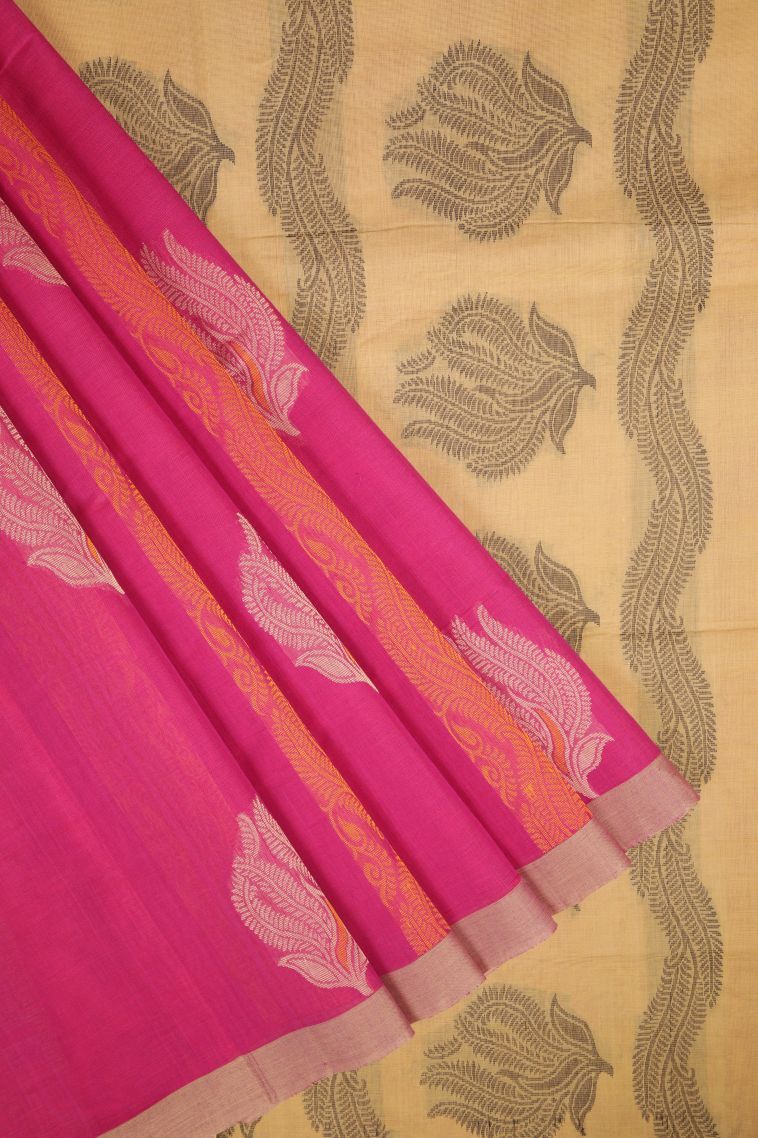 Hot Pink Pure Handloom Kovai Cotton with Without Zari Zari Buttis (small Dots Or Motifs) view 1