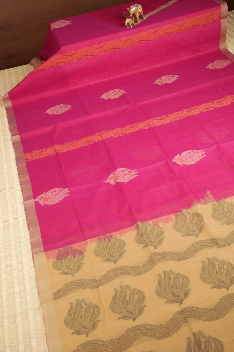 Hot Pink Pure Handloom Kovai Cotton with Without Zari Zari Buttis (small Dots Or Motifs) view 2