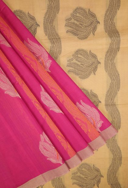 Hot Pink Pure Handloom Kovai Cotton with Without Zari Zari Buttis (small Dots Or Motifs)