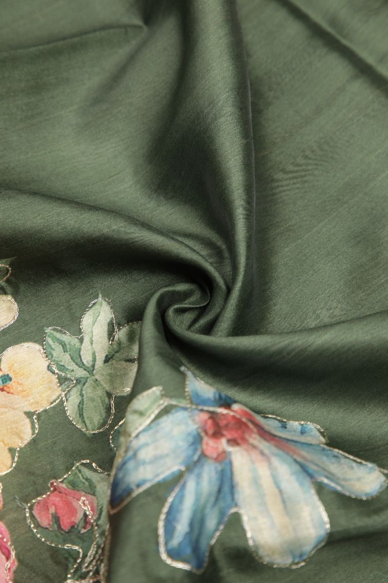 Basil Green Tussar Saree with Without Zari Zari Floral Patterns view 4
