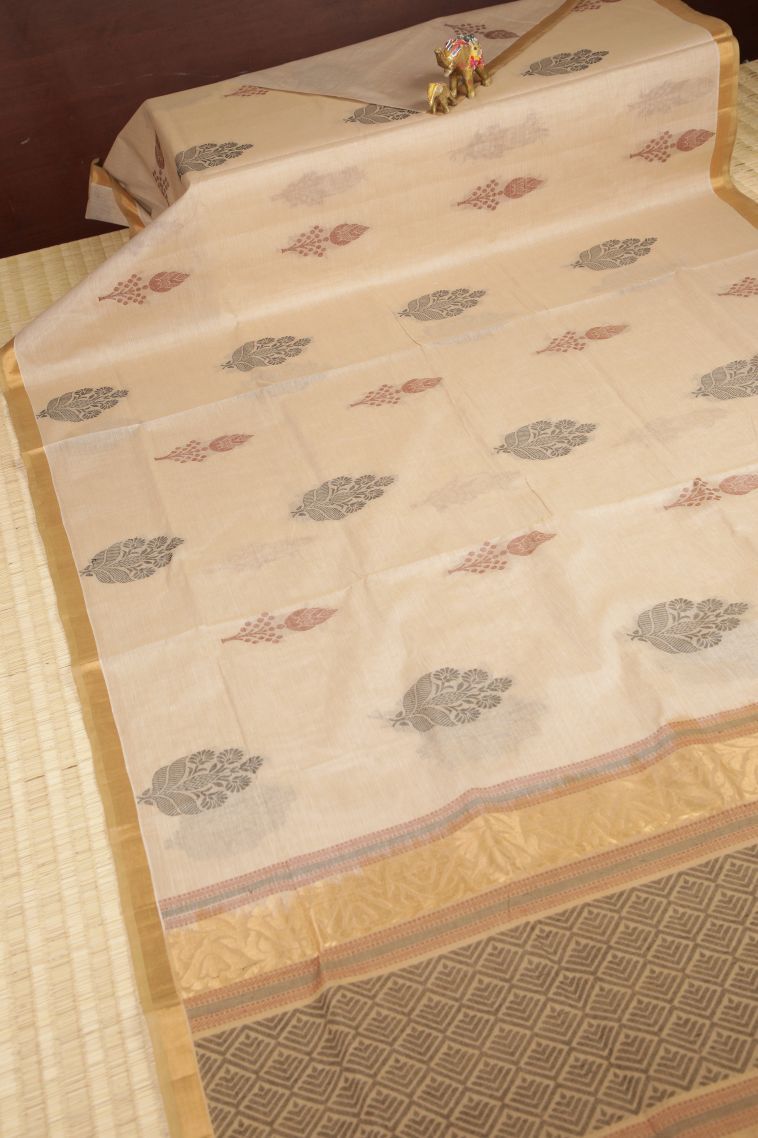 Cream White Pure Handloom Kovai Cotton with Without Zari Zari Buttis (small Dots Or Motifs) view 1