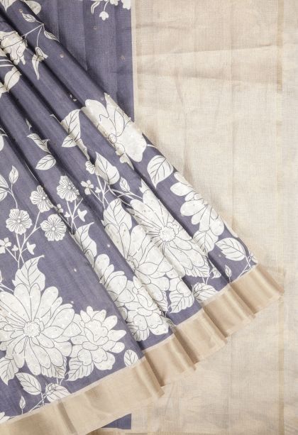 Slate Blue Tussar Saree with Without Zari Zari Floral Patterns