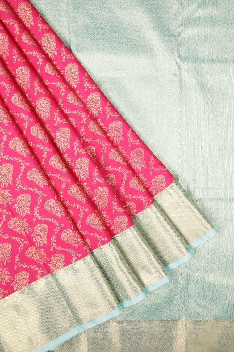 Hot Pink Samudrika Pattu with Copper Zari Floral Patterns view 1