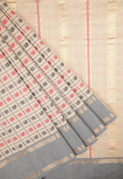 Cream White Pure Handloom Kovai Cotton with Without Zari Zari Peacock Motifs