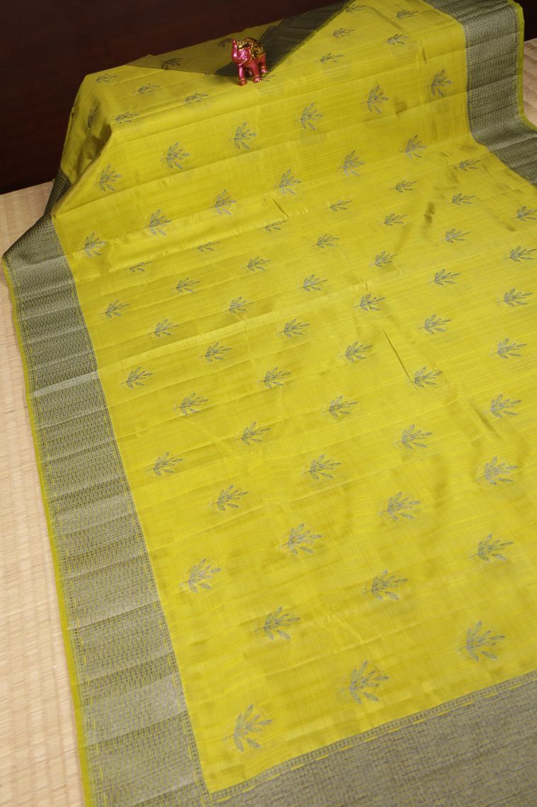 Lime Green Tussar Saree with Bronze Zari Buttis (small Dots Or Motifs) view 2