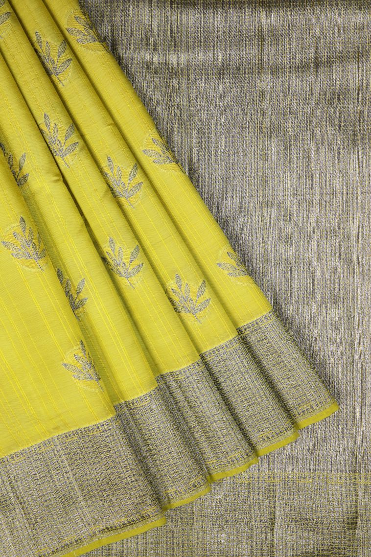 Lime Green Tussar Saree with Bronze Zari Buttis (small Dots Or Motifs) view 1