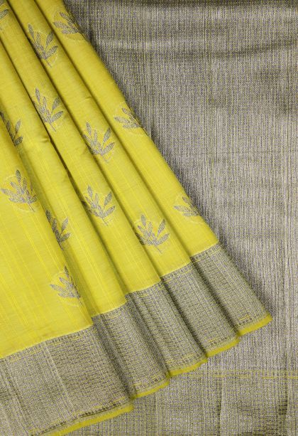 Lime Green Tussar Saree with Bronze Zari Buttis (small Dots Or Motifs)