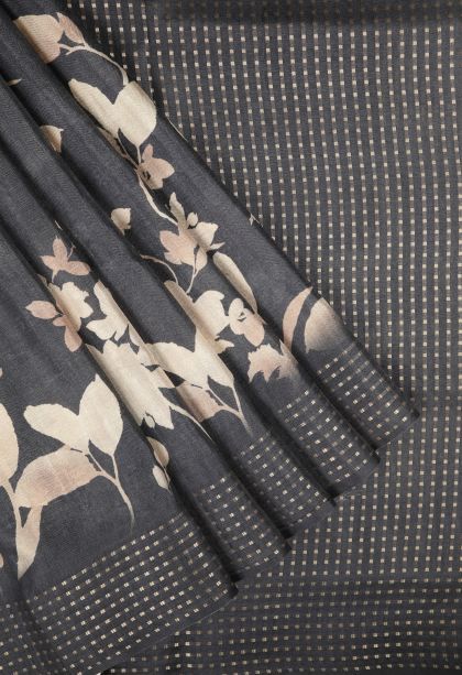 Denim Blue Tussar Saree with Without Zari Zari Floral Patterns