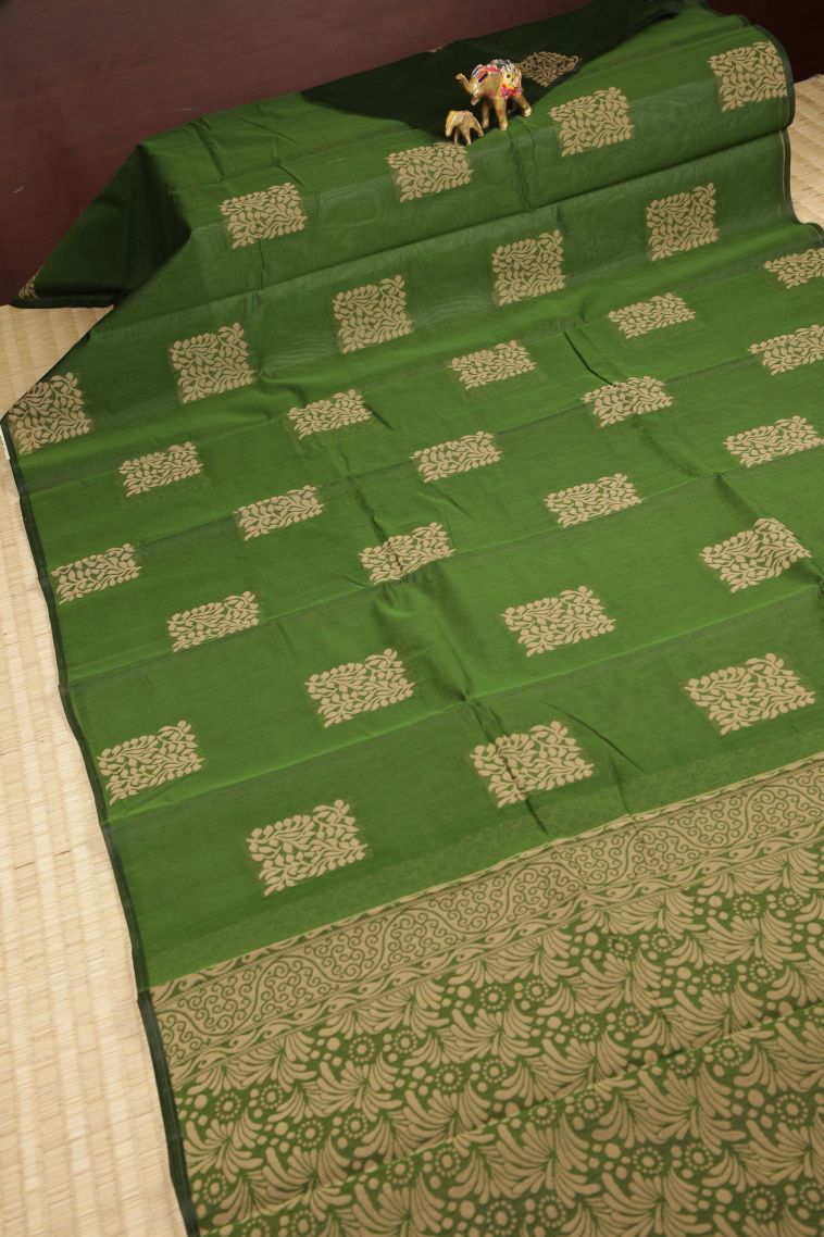 Basil Green Silk Cotton with Without Zari Zari Buttis (small Dots Or Motifs) view 2