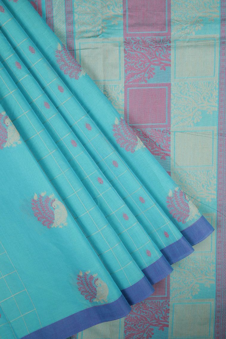Arctic Blue Kovai Cotton Sarees with Without Zari Zari Buttis (small Dots Or Motifs) view 1