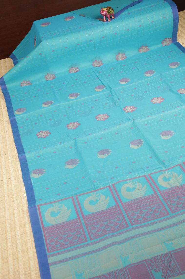 Arctic Blue Kovai Cotton Sarees with Without Zari Zari Buttis (small Dots Or Motifs) view 2