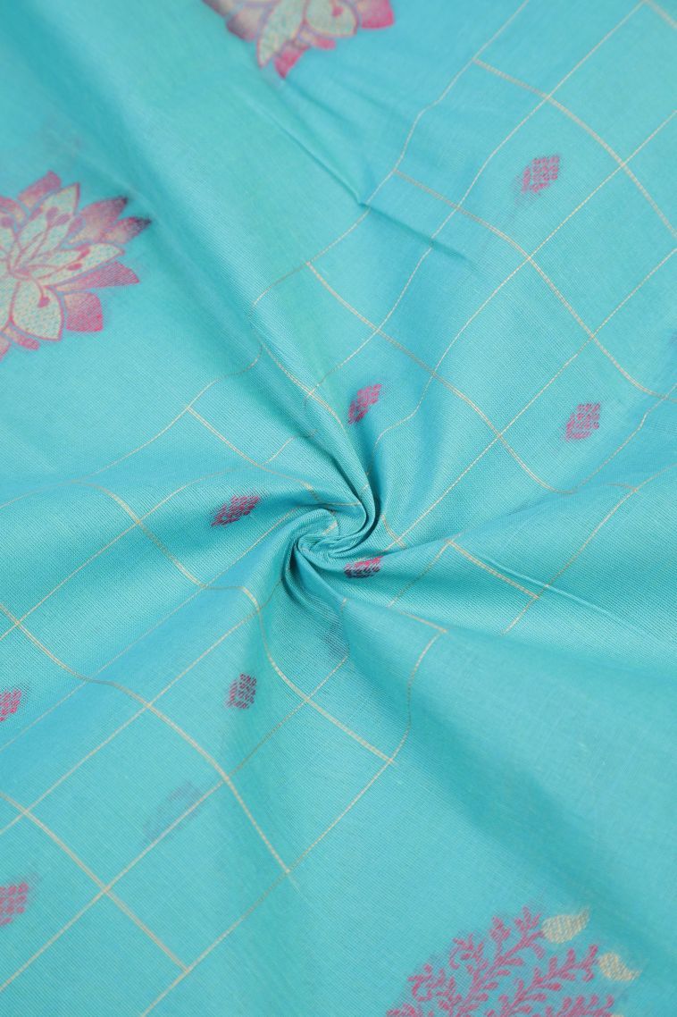 Arctic Blue Kovai Cotton Sarees with Without Zari Zari Buttis (small Dots Or Motifs) view 4