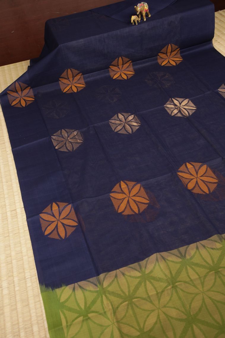 Indigo Blue Pure Handloom Kovai Cotton with Without Zari Zari Buttis (small Dots Or Motifs) view 2